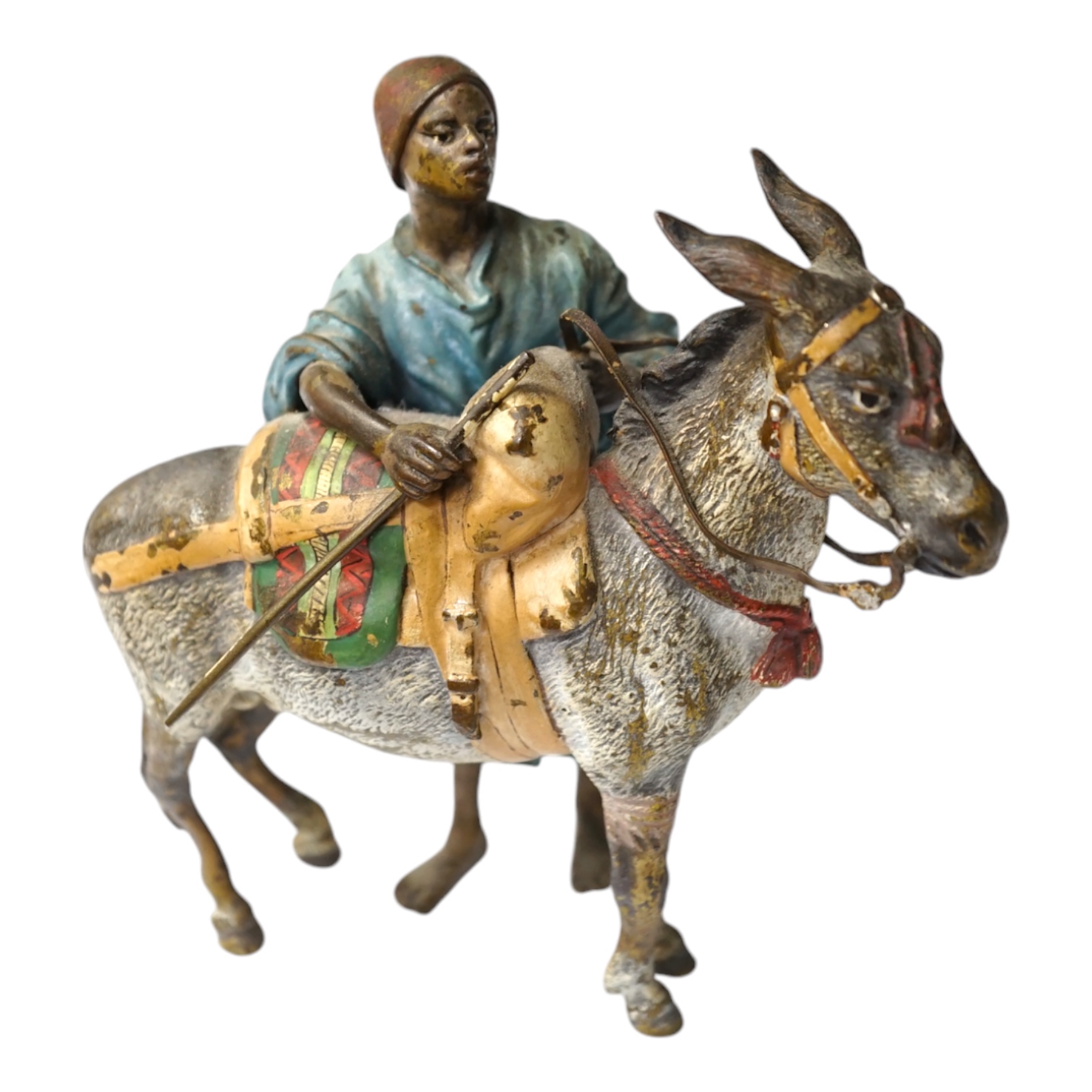 A Viennese cold painted bronze of an Arab trader with mule, 14cm high, 13cm wide. Condition - slight chipping to painted areas